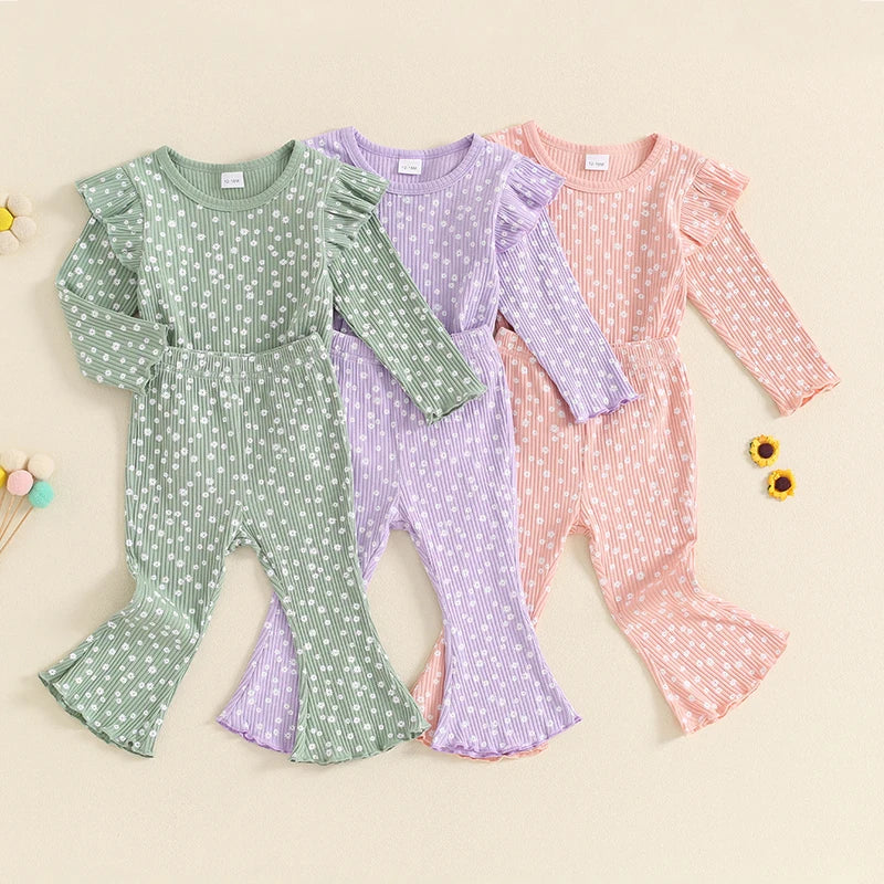 Baby Girl 2Pcs Fall Outfits Ruffle Long Sleeve Lettuce Trim Tops + Flare Pants Set Toddler Clothes