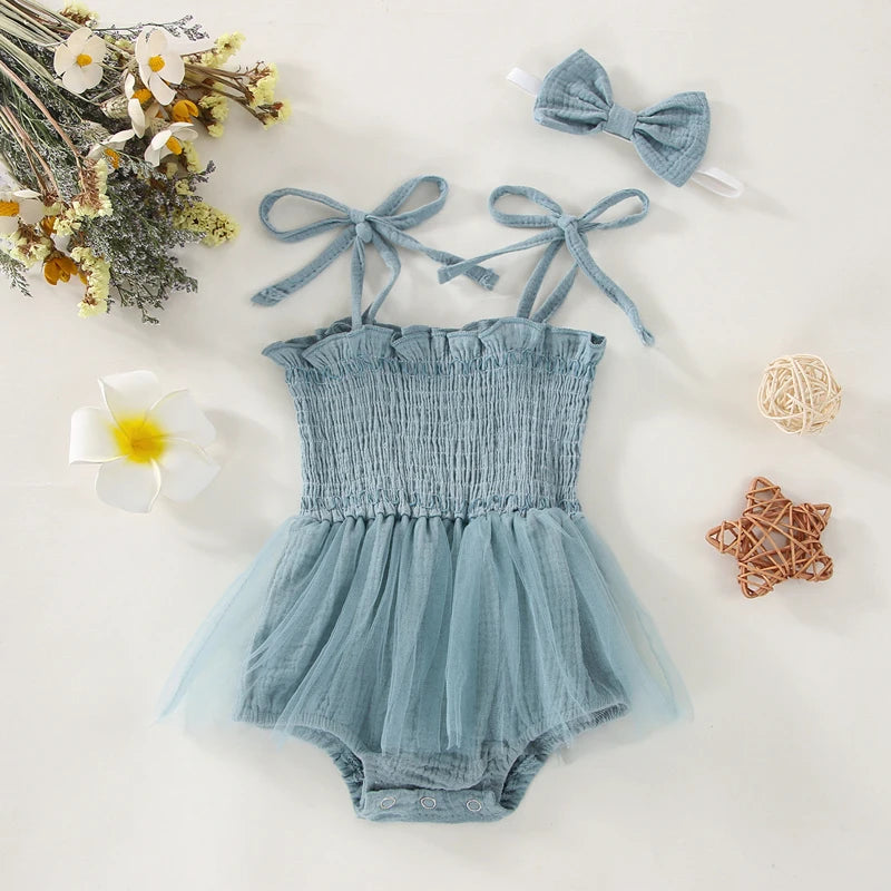 2Pcs Summer Newborn Infant Baby Girls Boys Sleeveless Strap Ruffles Lace-Up Pleated Mesh Loose Romper+Hairband