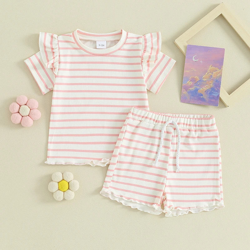 Toddler Baby Girl Summer Outfit Waffle Knit Frilly Short Sleeve T-Shirt Shorts Set 2Pcs Clothes Set