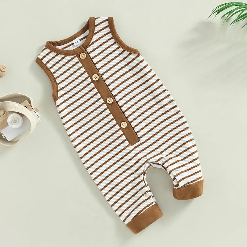 Infant Baby Girls Boys Romper Stripe Sleeveless Crew Neck Buttons Snap Closure Jumpsuits Summer Jumpsuit