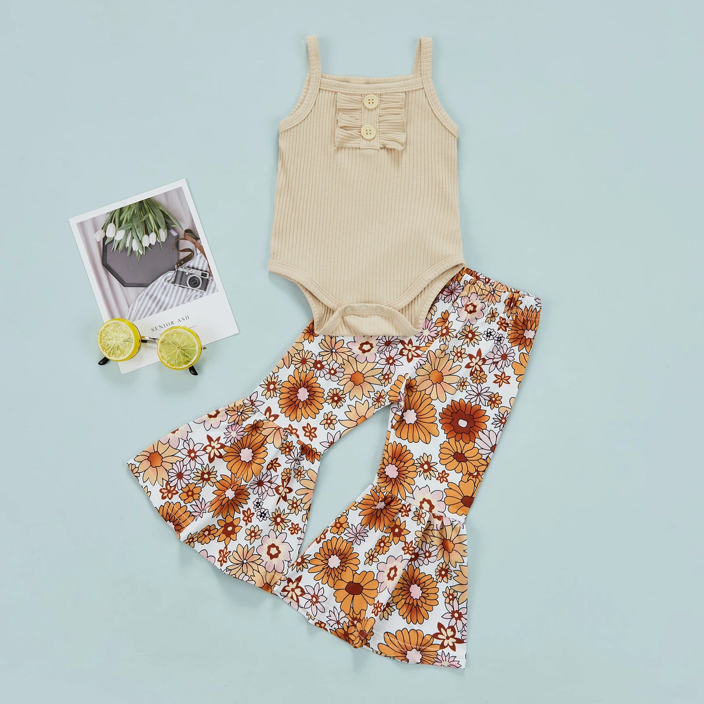 Baby Girl Pants Set Square Neck Solid Ribbed Romper Floral Elastic Waist Flared Long Pants