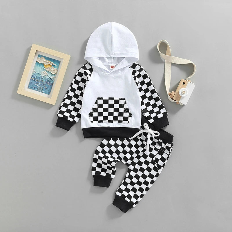 Girl Boy Outfit 2Pcs Set Plaid Long Sleeve Hoodie with Pockets Elastic Drawstring Waist Pants