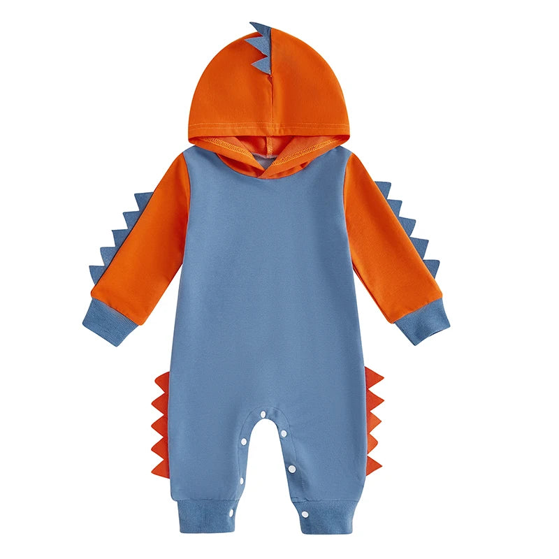 Baby Boy Dinosaur Shaped Hoodie Romper Contrast Color Long Sleeve Bodysuit Jumpsuit