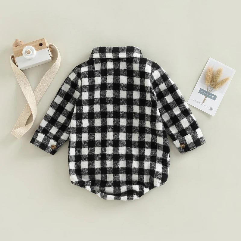 Baby Boy Bodysuit Long Sleeve Lapel Neck Plaid Print Button Up Jumpsuit
