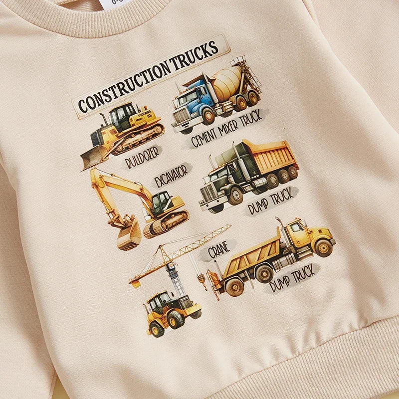 Toddler Baby Boy Outfits Construction Print Long Sleeve Pullover Tops Long Pants 2Pcs Winter Fall Set