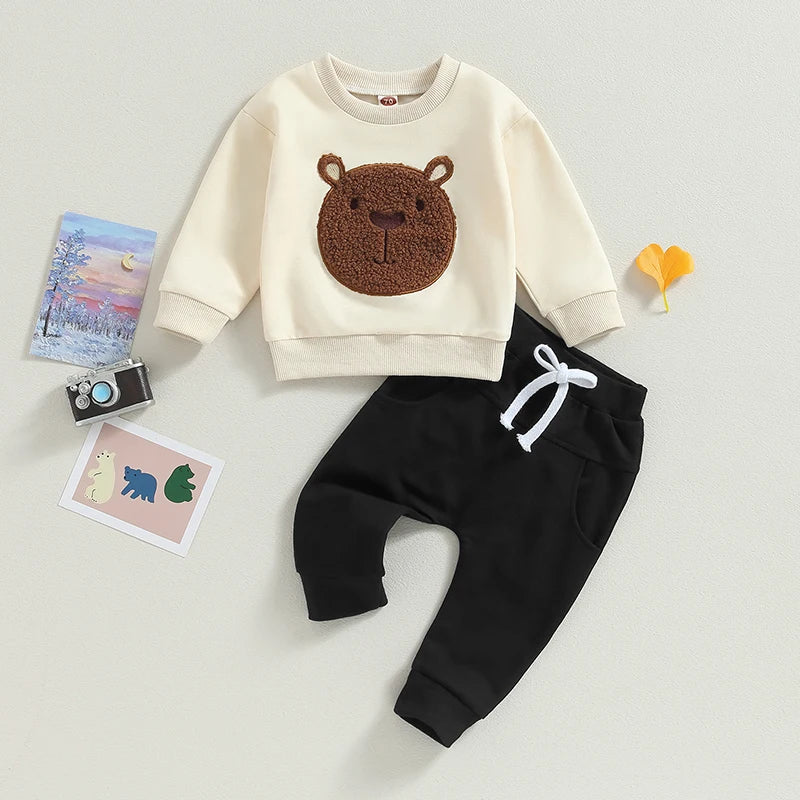 Toddler Baby Boy Girl 2Pcs Fall Outfits Long Sleeve Bear Embroidery Tops Pocket Pants Set