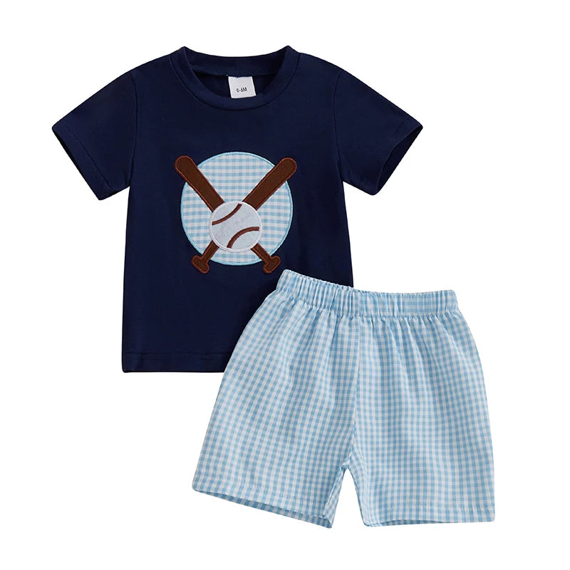 Toddler Boys Shorts Set Baseball Embroidered Short Sleeve Round Neck Tops Elastic Waistband Plaid Shorts