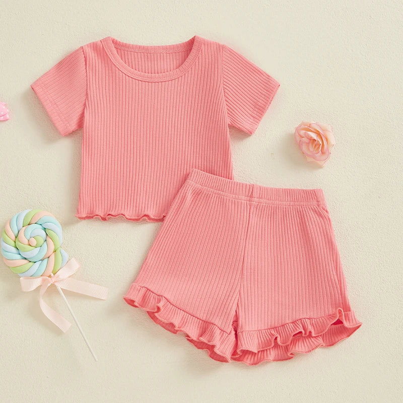 Toddler Baby Girl Ribbed Outfit Solid Color Short Sleeve T-shirts Elastic Waist Ruffle Shorts Set