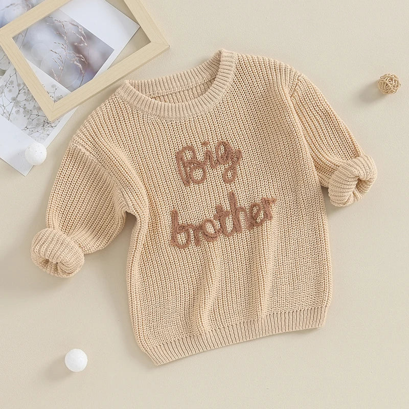 Boys Long Sleeve Letter "Big Brother" Embroidery Pullover Loose Cotton Knit Sweater