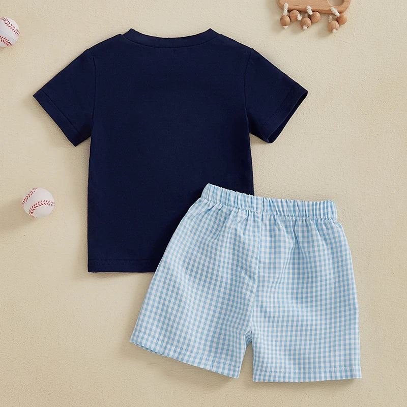 Toddler Boys Shorts Set Baseball Embroidered Short Sleeve Round Neck Tops Elastic Waistband Plaid Shorts