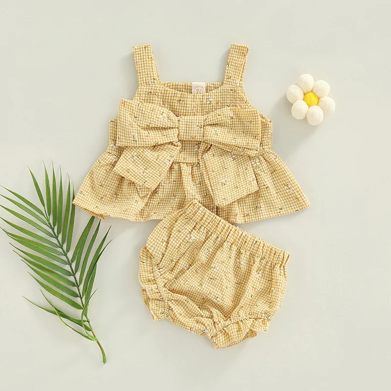 Summer Infant Baby Girl Outfits Suit Plaid Pattern Floral Printed Bowknot Suspender Tops Shorts Clothes Set