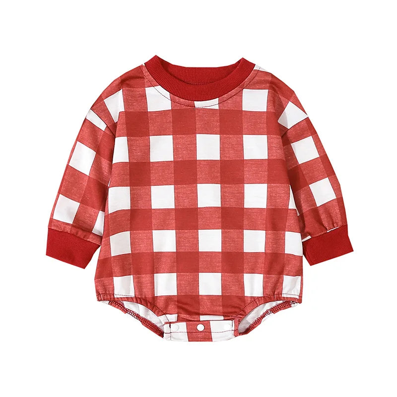 Baby Boys Sweatshirt Romper Plaid Long Sleeve Bodysuit Jumpsuit
