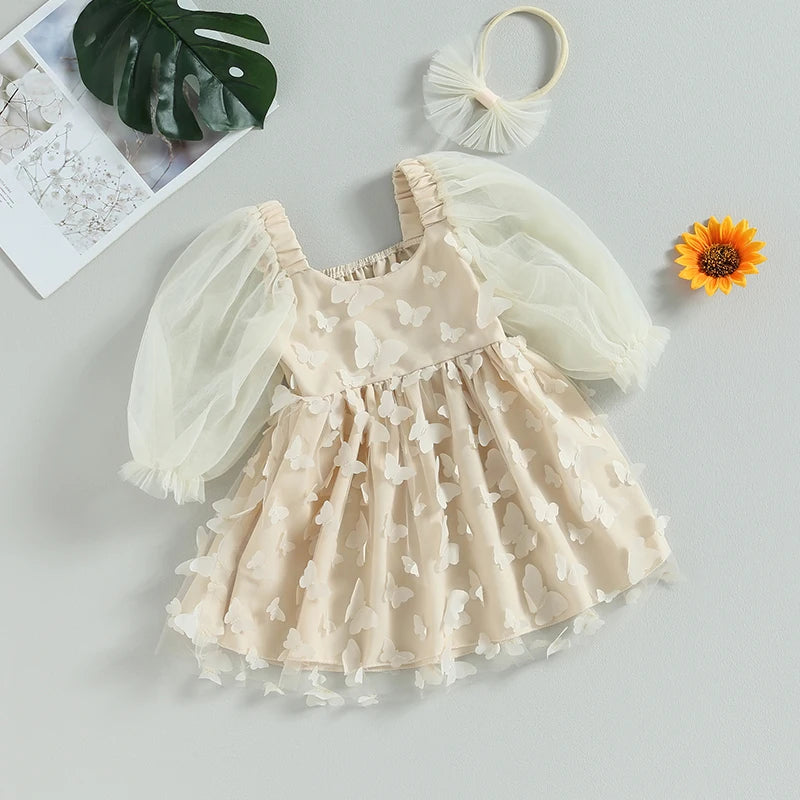 Toddler Girls Fall Outfits Butterfly Princess Dress Long Sleeves A-Line Dress Headband 2Pcs Set
