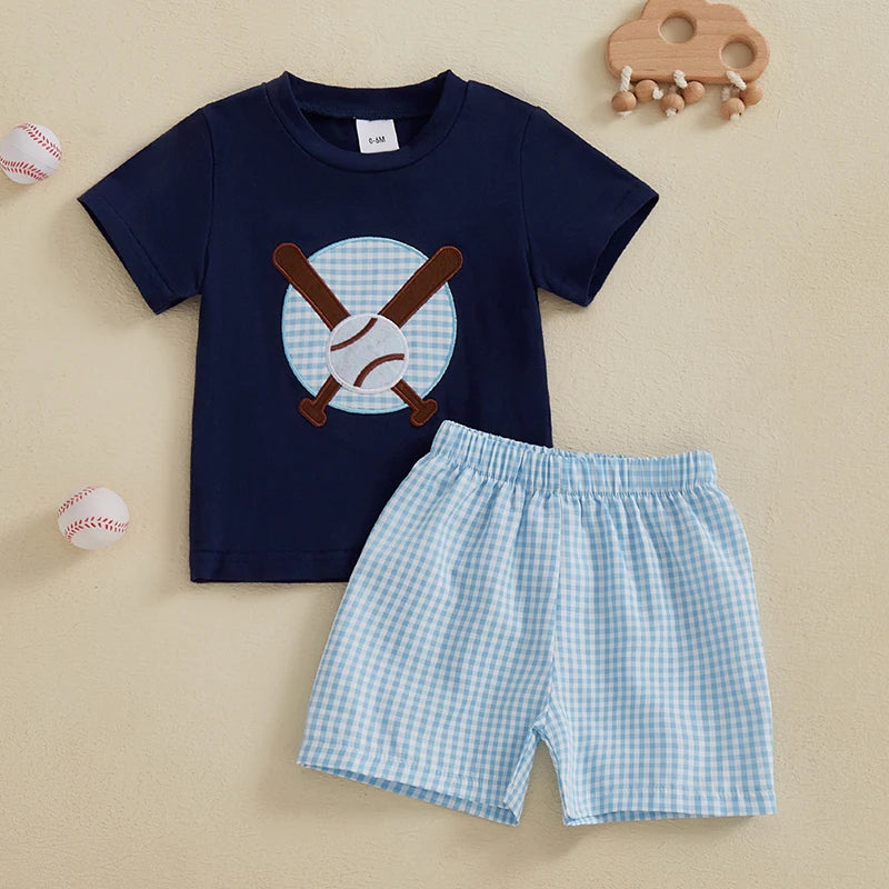 Toddler Boys Shorts Set Baseball Embroidered Short Sleeve Round Neck Tops Elastic Waistband Plaid Shorts
