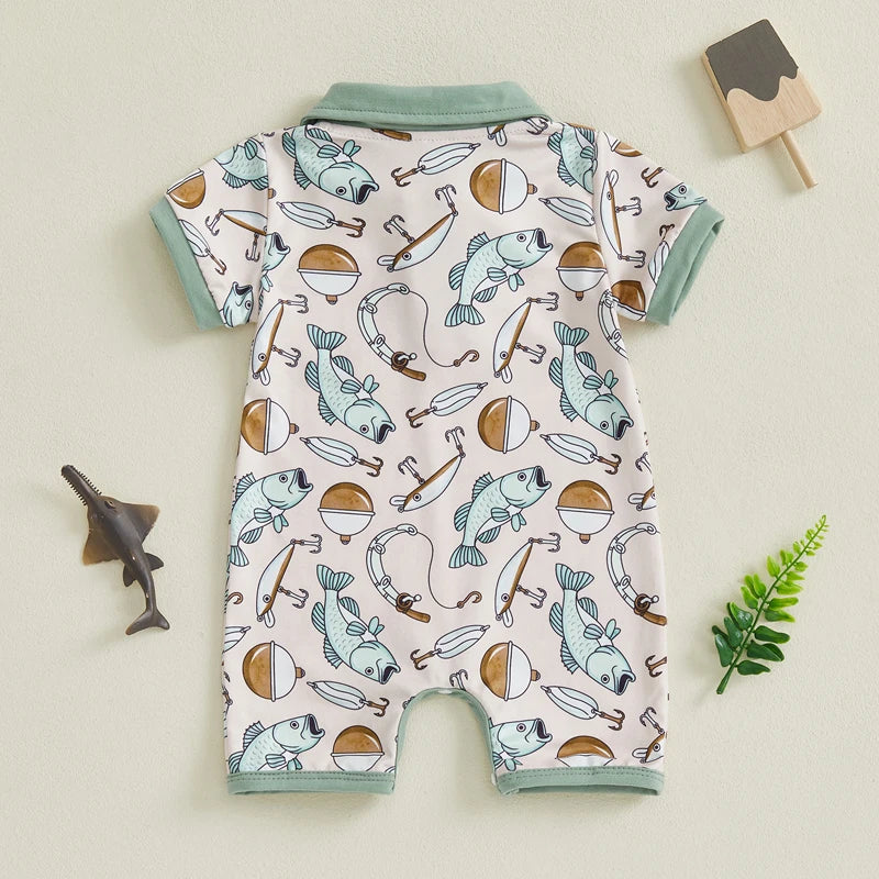 Baby Boy Fish Print Romper Half Button-up Lapel Neck Short Sleeve Bodysuit Cute Summer Clothes