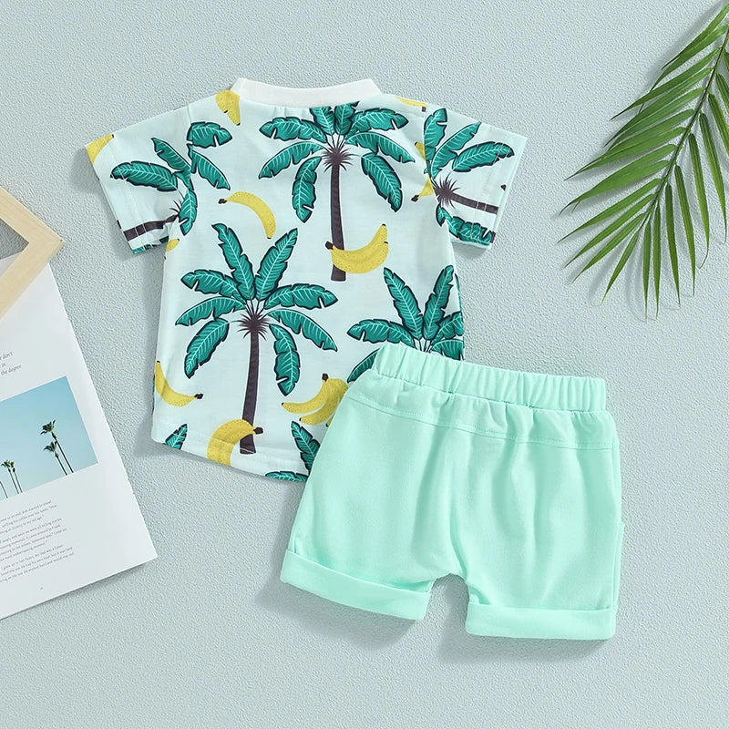 Toddler Baby Boy 2Pcs Summer Clothes Beach Tree Print Short Sleeve Crew Neck T-Shirts Shorts