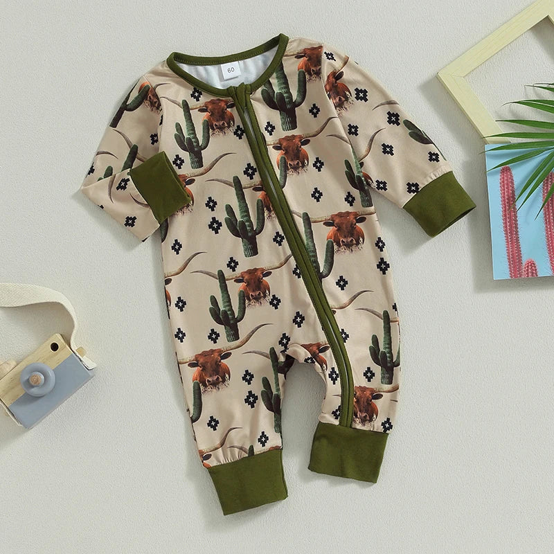 Baby Boys Jumpsuit Long Sleeve Cow/Horse Print Zipped Romper