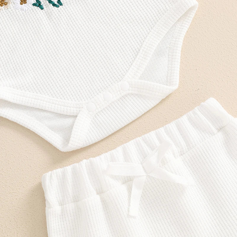 Baby Girl Summer Outfits Waffle Flower Embroidered Sleeveless Romper Ruffles Shorts Headband 3Pcs Set