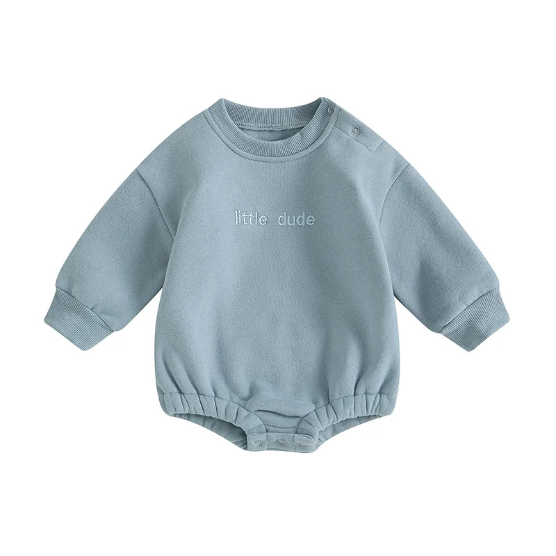Baby Boys Sweatshirt Bodysuit Long Sleeve Round Neck Letter Embroidery "Little Dude" Bodysuit