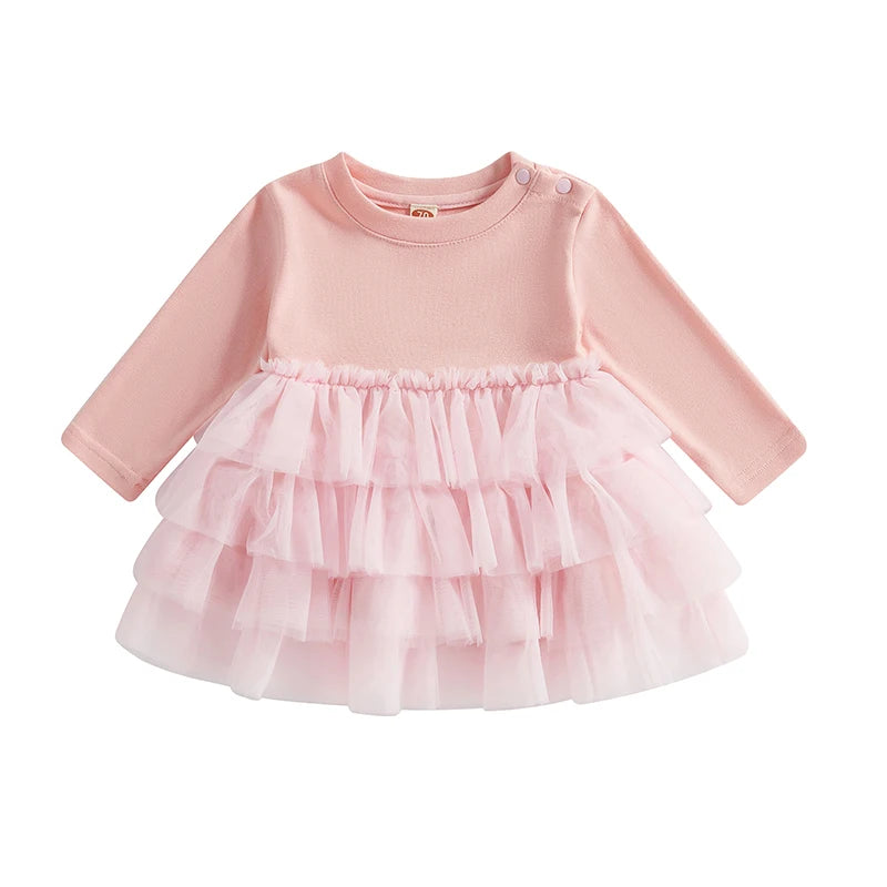 Toddler Baby Girl Fall Dress Solid Color Round Neck Long Sleeve A-line Tulle Princess Dresses