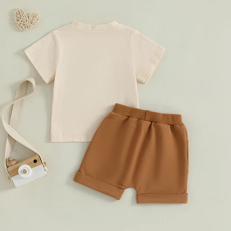 Toddler Boy Summer Outfits Tractor Letter Print Round Neck Short Sleeve Tops with Solid Shorts Outfit