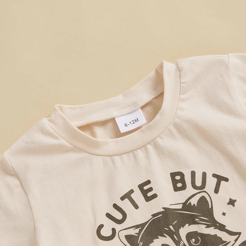 Toddler Boys Summer Outfits Raccoon Letter Print Short Sleeve T-Shirts Elastic Waist Shorts Clothes Set