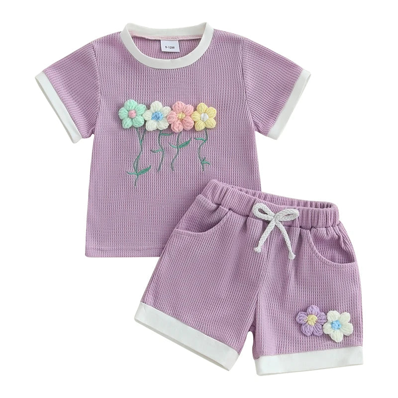 Toddler Girl Summer Waffled Clothes 3D Flower Short Sleeve Round Neck Tops Elastic Waist Shorts Outfit