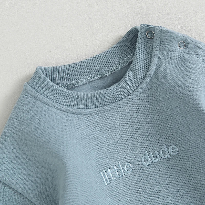 Baby Boys Sweatshirt Bodysuit Long Sleeve Round Neck Letter Embroidery "Little Dude" Bodysuit