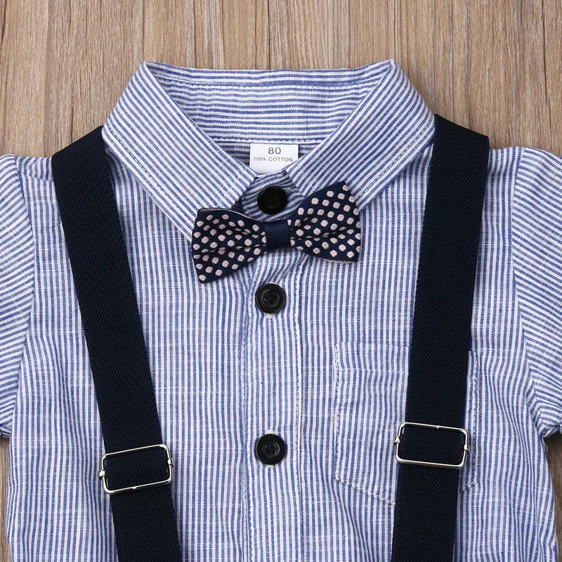 Newborn Boys Summer Clothes Stripe Short Sleeve Gentleman 2PCS Set Romper + Bib Pant Baby School Outfit Outfits