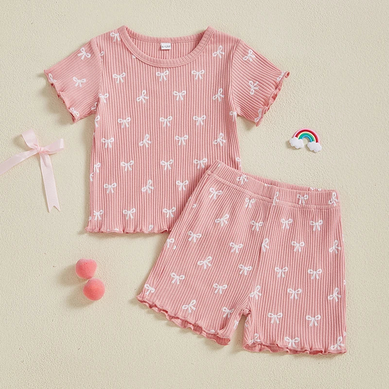 Toddler Baby Girl Bow Ribbed Outfit Lettuce Trim Short Sleeve Tops Elastic Waist Shorts Summer Set