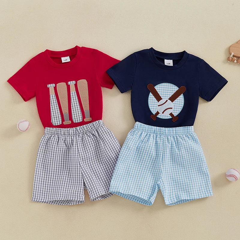 Toddler Boys Shorts Set Baseball Embroidered Short Sleeve Round Neck Tops Elastic Waistband Plaid Shorts