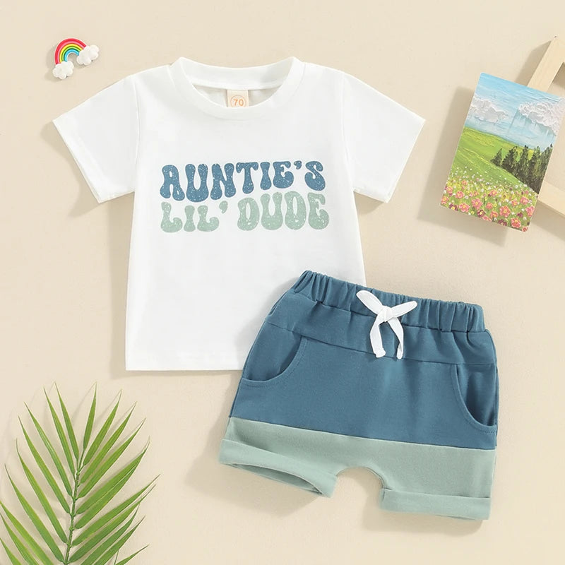 Toddler Boys Summer Outfits Letter Print Short Sleeve T-Shirts Tops and Elastic Waist Contrast Color Shorts Set