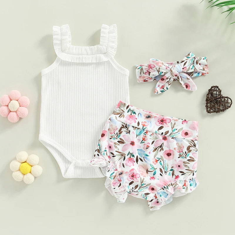 Infant Baby Girls Shorts Set Sleeveless Romper Flower/Rainbow/ Print Shorts Hairband
