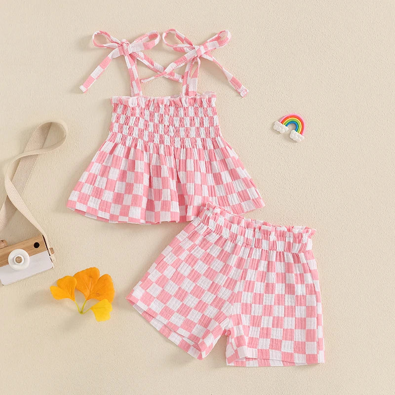 Toddler Baby Girl Summer Clothes Plaid Print Smocked Camisole + Elastic Waist Shorts 2Pcs Set