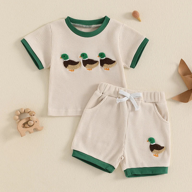 Boys Summer Shorts Sets Short Sleeve O Neck Duck Embroidery Tops and Drawstring Shorts Sets