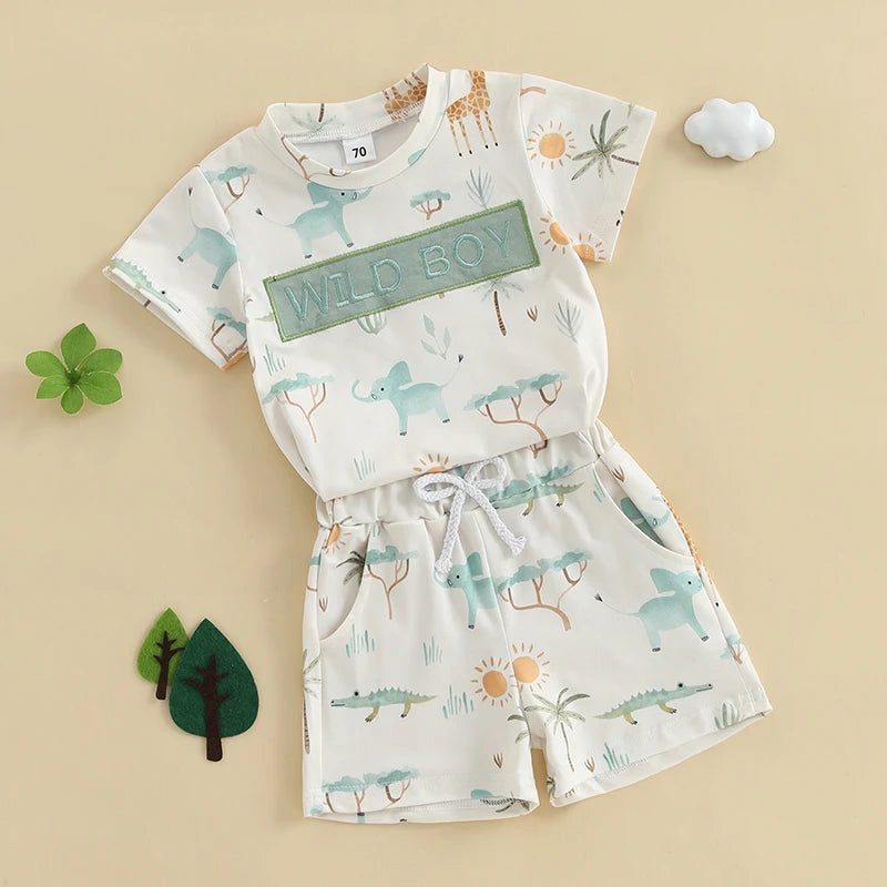 Toddler Baby Boy Shorts Set Animal Letter Short Sleeve T-shirts Elastic Waist Shorts Summer Outfit