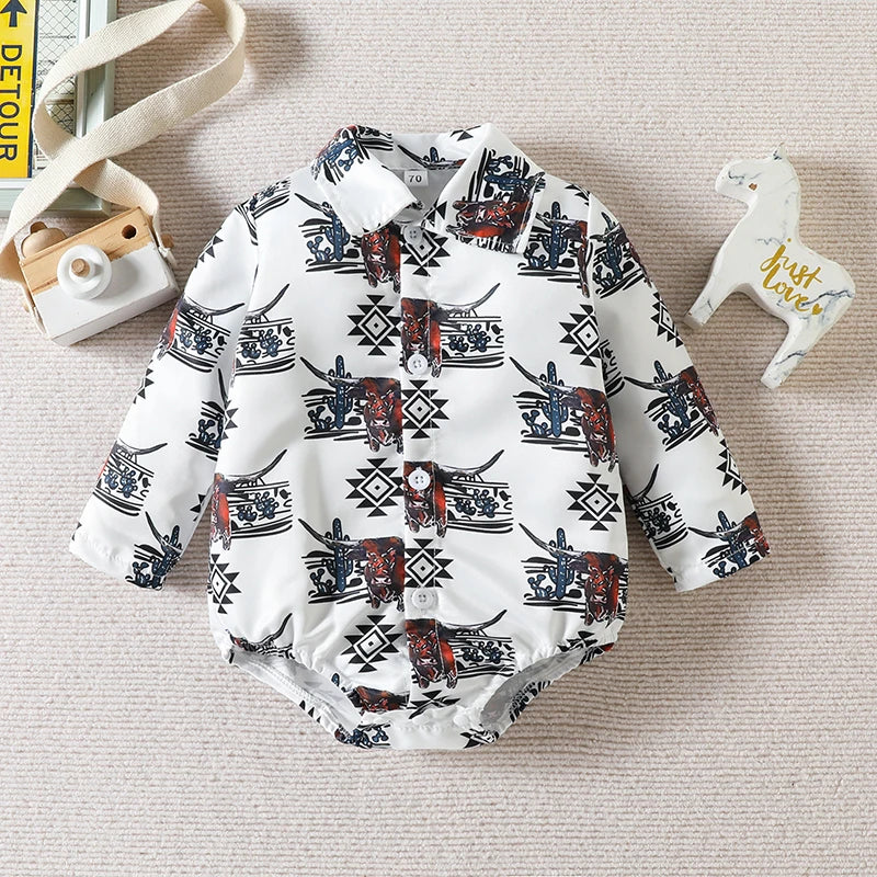 Baby Boys Long Sleeve Lapel Western Cattle/Horse Print Button Romper