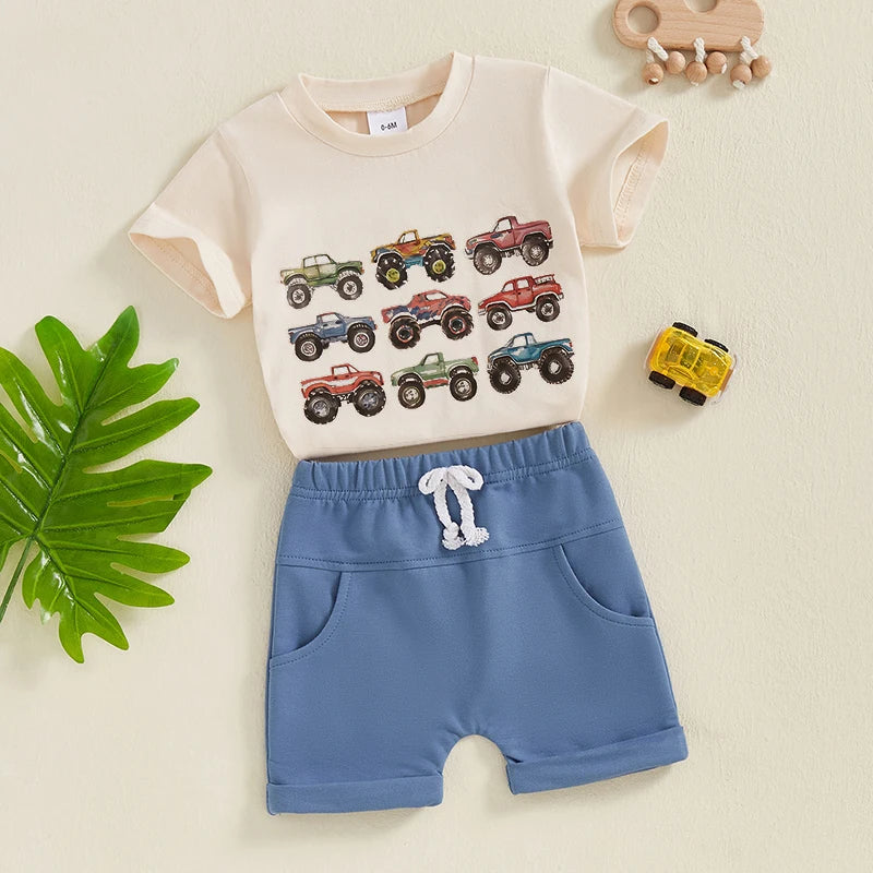 Toddler Boys Summer Outfits Retro Truck Print O-Neck Short Sleeve T-Shirts Elastic Waist Shorts 2Pcs Clothes Set