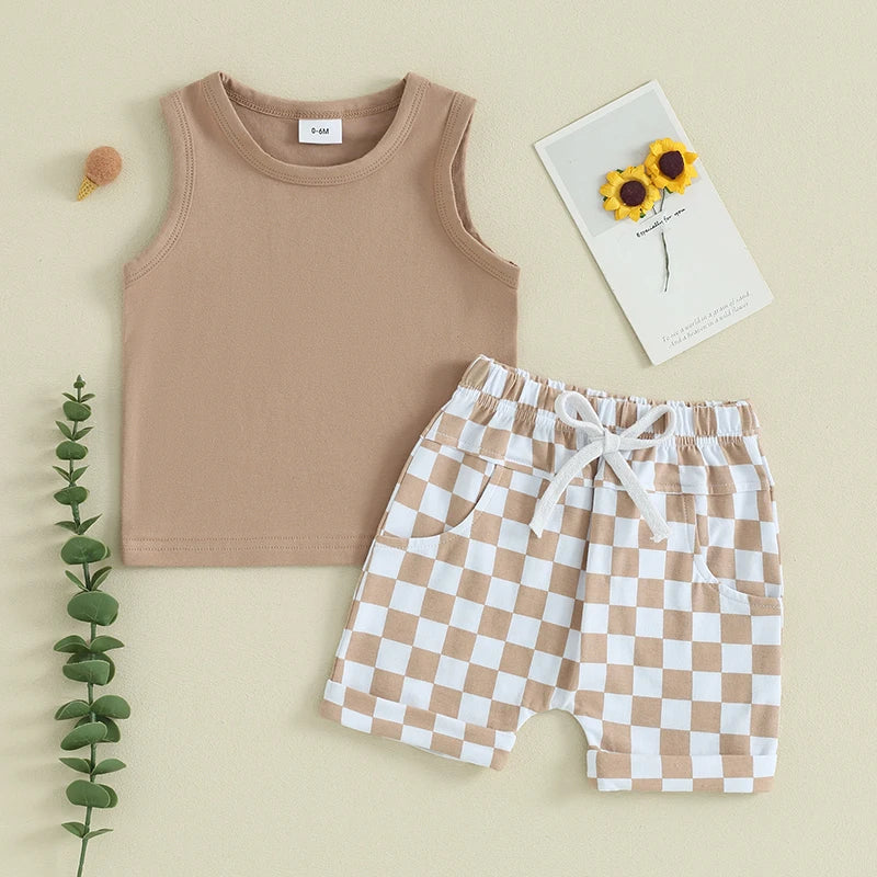 Summer Baby Boy Clothes Solid Sleeveless Tank Top Checkered Shorts 2Pcs Outfit Set
