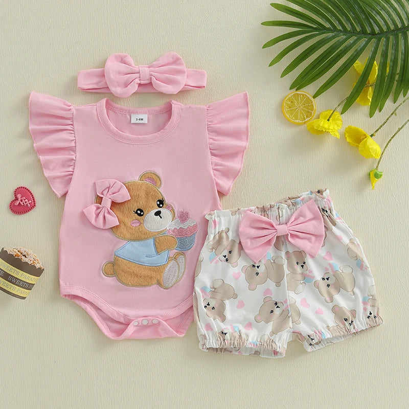 Baby Girls Shorts Set Short Sleeve Bear Cow Romper Elastic Waist Shorts with Hairband
