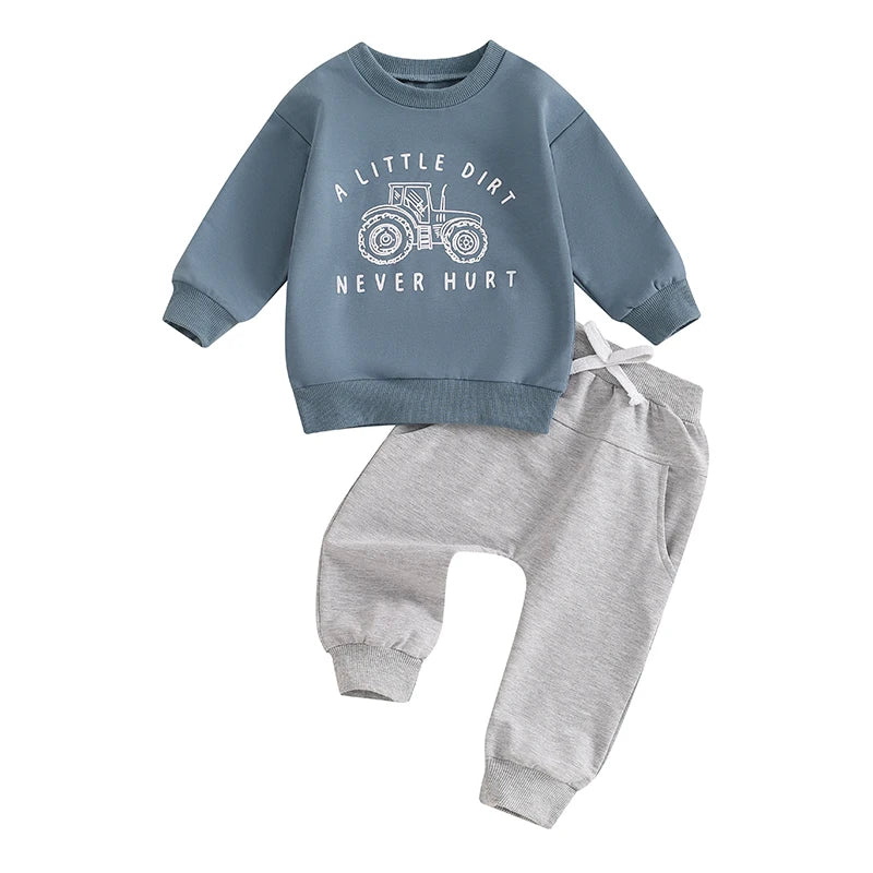 Baby Boy Fall Outfits Long Sleeve Tractor Letter Print Tops + Pants Set Toddler Winter Warm Clothes