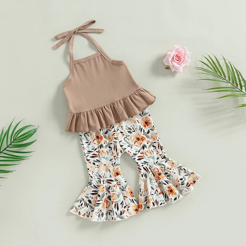 Newborn Baby Girls 2Pcs Summer Clothing Set Lacing Halterneck Vest with Flower Print Flare Pants