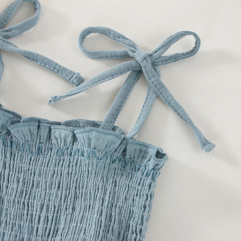 2Pcs Summer Newborn Infant Baby Girls Boys Sleeveless Strap Ruffles Lace-Up Pleated Mesh Loose Romper+Hairband