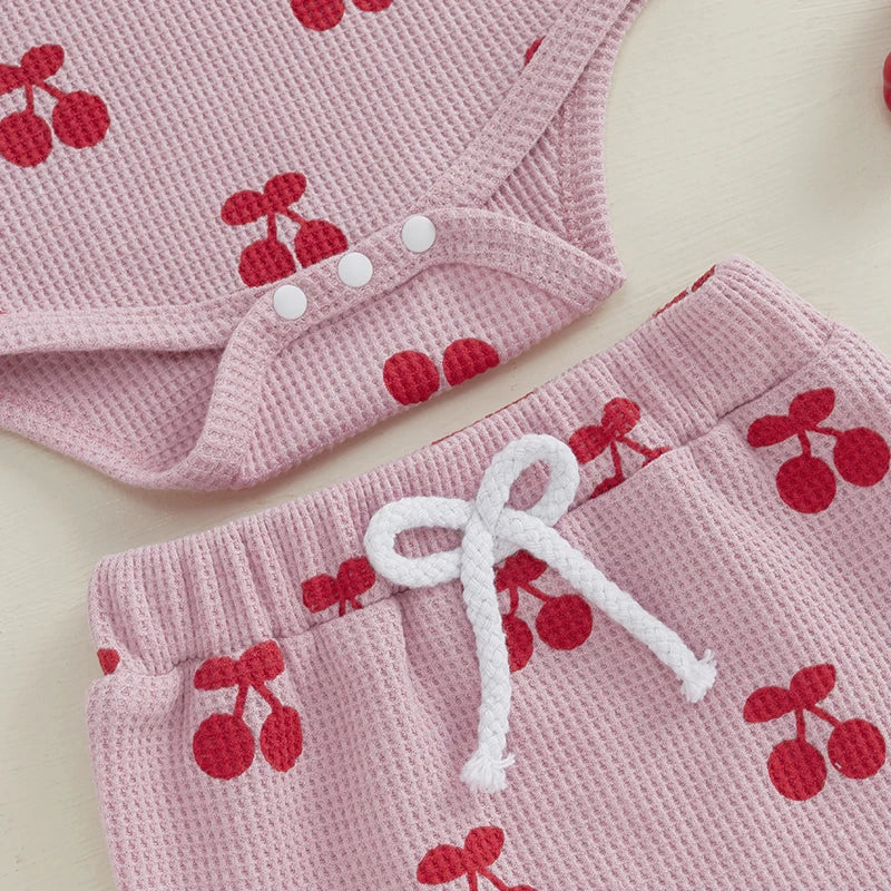 Summer Cute Baby Girls Shorts Outfits Sleeveless Cherry Print Romper Drawstring Shorts Headband Sets