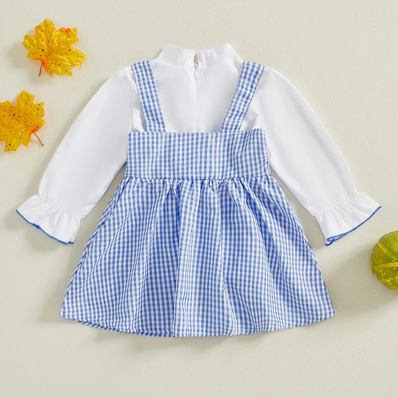Kids Girls 2 Piece Outfit, Long Sleeve T-shirt with Plaid A-line Overall Dress Fall Outfit