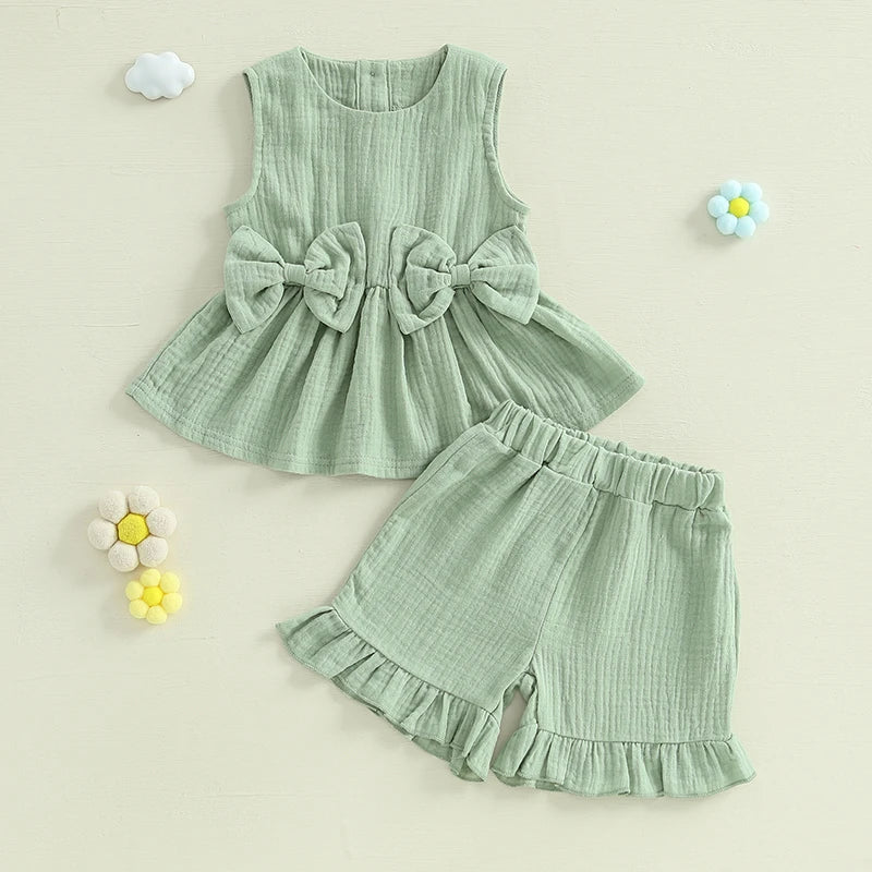 Toddler Baby Girl Summer Clothes Solid Color Bow Round Neck Tank Tops + Elastic Waist Ruffled Shorts Set