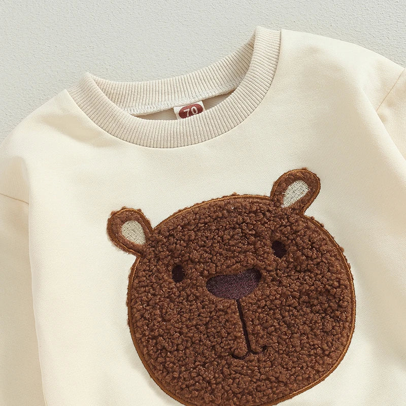 Toddler Baby Boy Girl 2Pcs Fall Outfits Long Sleeve Bear Embroidery Tops Pocket Pants Set