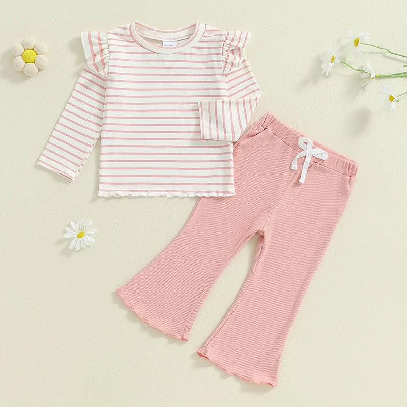 Toddler Girls Lacy Set Striped Long Sleeve Ruffled Tops Elastic Waist Drawstring Long Flare Pants Outfits
