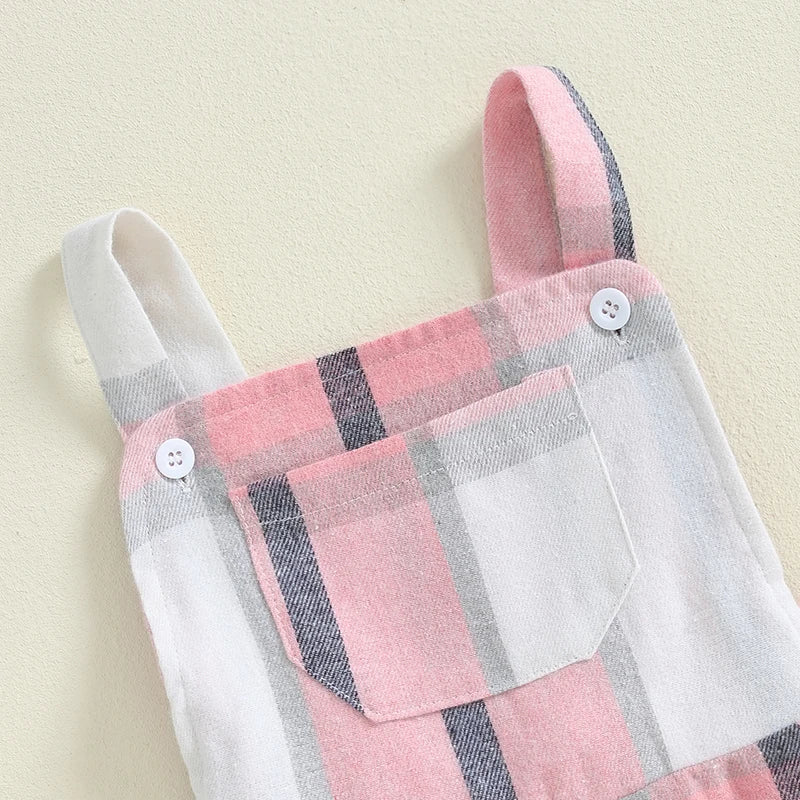 Little Girl Plaid Overalls Casual Square Neck Sleeveless Bell Bottom Jumpsuit for Fall