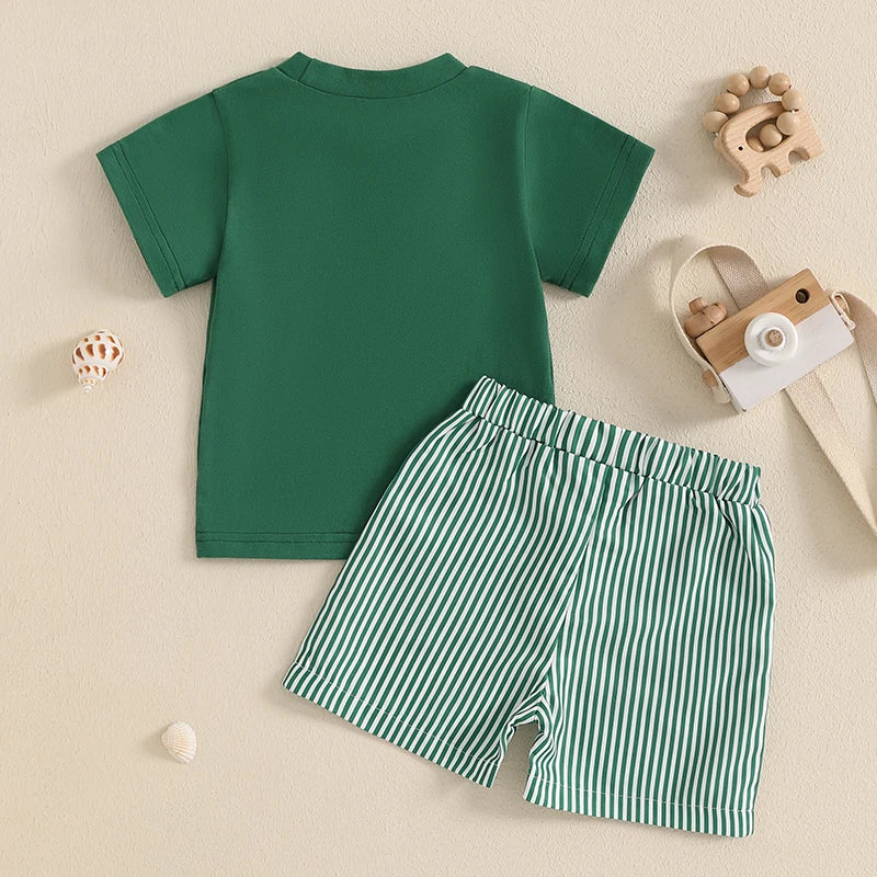 Toddler Baby Boy Shorts Set Whale/Dinosaur/Turtle Short Sleeve T-shirts Striped Elastic Waist Shorts Summer Outfit